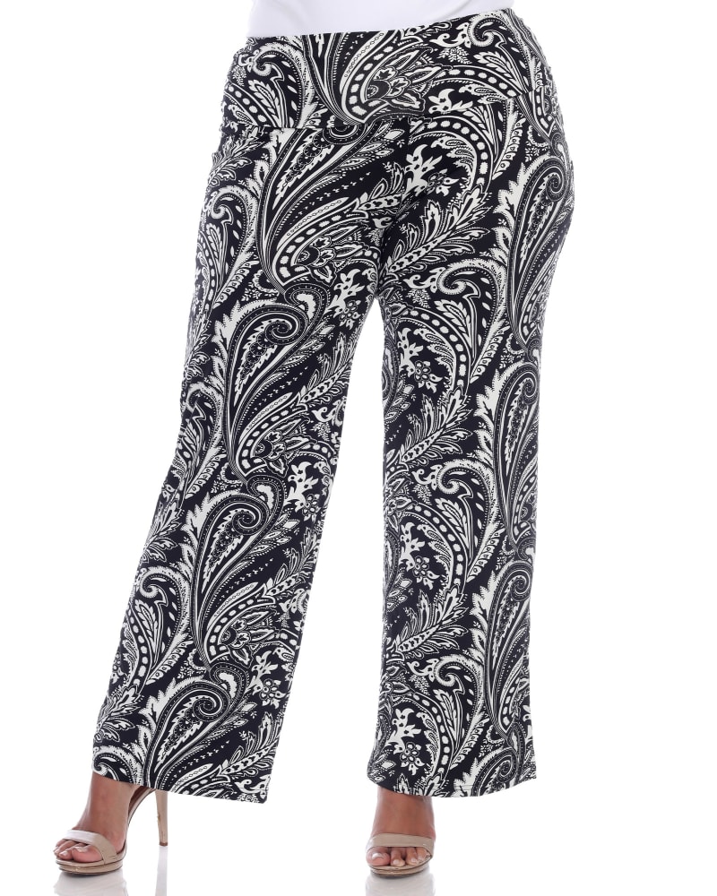 Front of a model wearing a size 1X Paisley Wide Leg Palazzo Pants in Black White Paisley by White Mark. | dia_product_style_image_id:250146